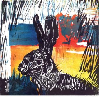 Hare in Autumn - linocut by Carol Stiff, 2015